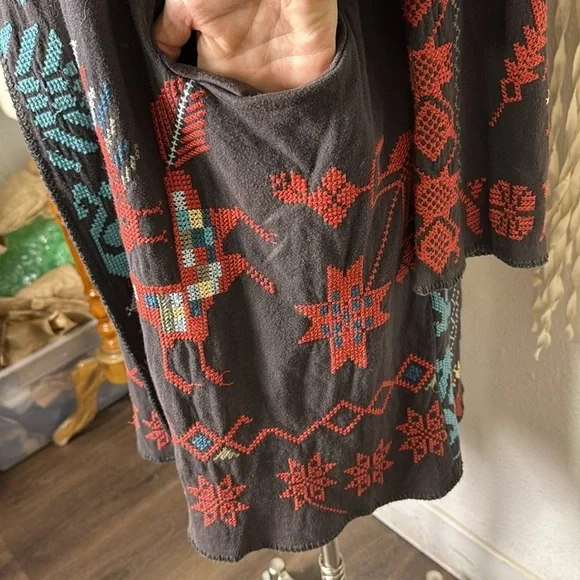 Johnny WasBiya Brown Hood with Aqua and Coral Aztex Embroidery Detail Size S